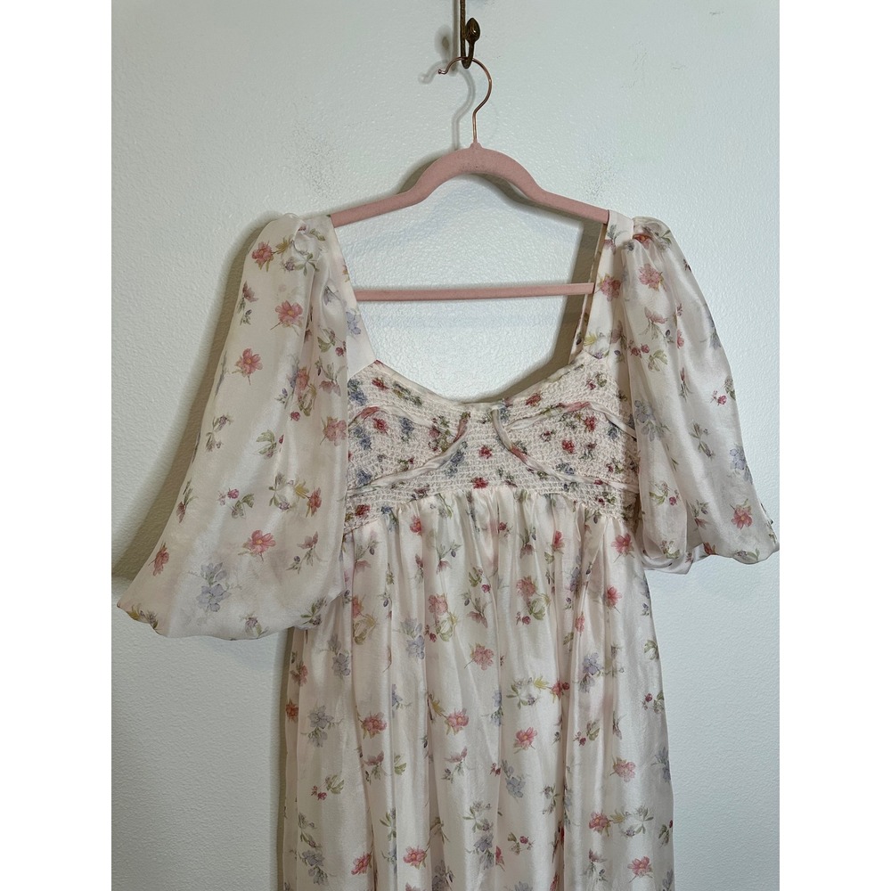 Worth Collective Harlow Smocked Midi Dress Size M Pink Cream Puff Sleeve Floral - Picture 4 of 9